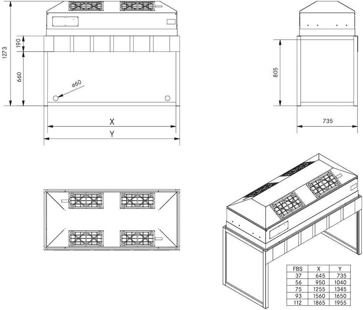Zeichnung und technische Informationen zur Laminar Flow Box Serie Standard